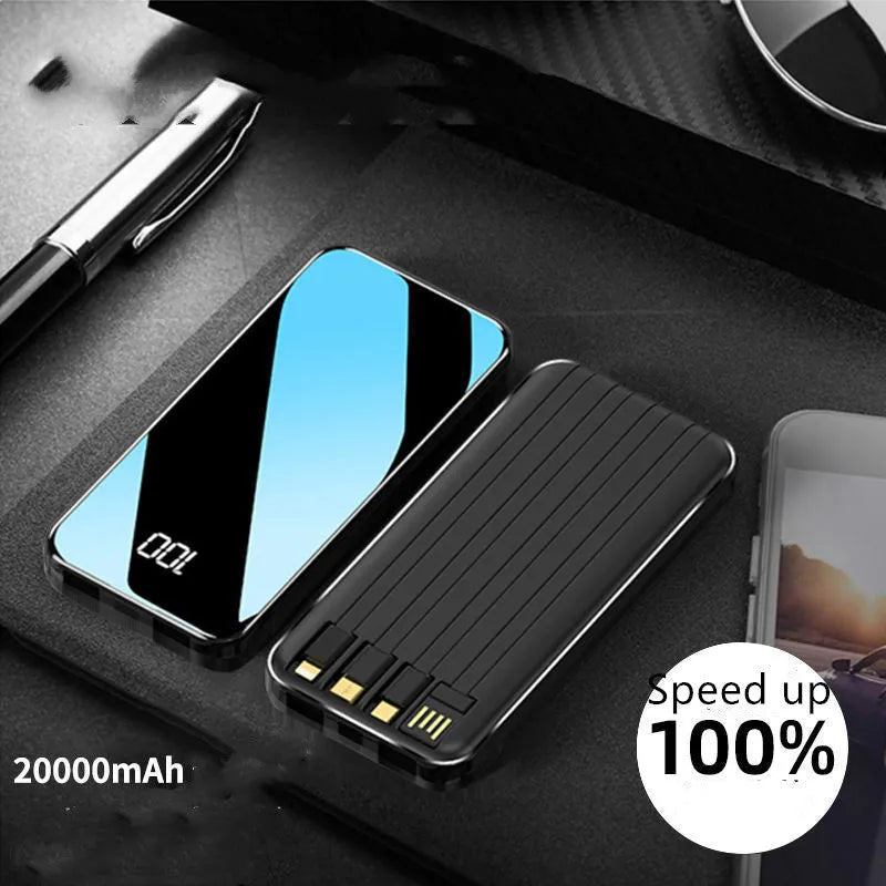 Portable power bank with digital display showing battery percentage and multiple charging ports