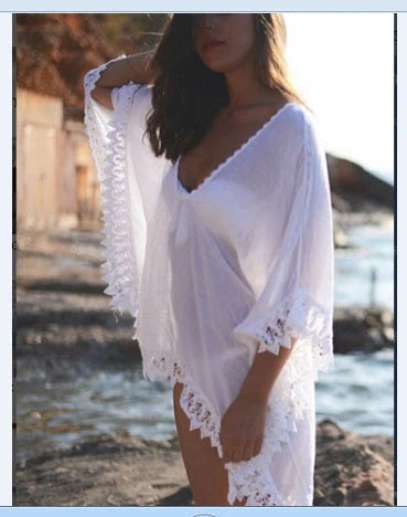 Cotton beach bikini lace white blouse for swimming with feminine detailing