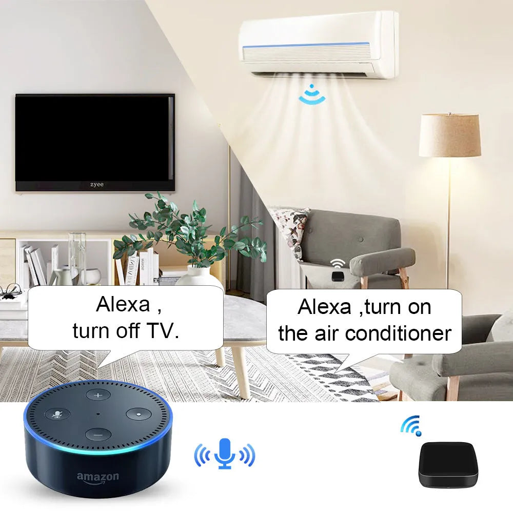 Black universal infrared remote control device with voice control and WiFi connectivity features