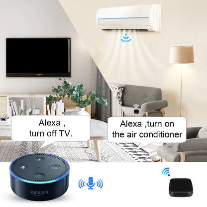 Black universal infrared remote control device with voice control and WiFi connectivity features