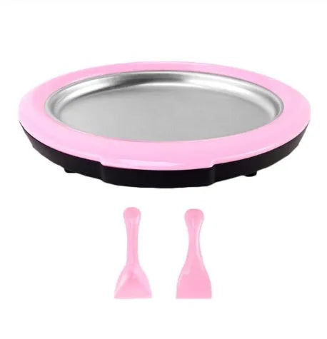 Blue manual fried yogurt ice cream maker with ice tray and serving shovels
