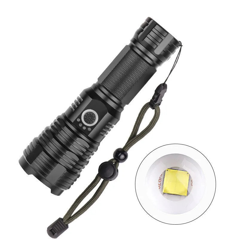 P70 outdoor flashlight with XHP70 LED, micro USB charging, telescopic zoom, and aluminium alloy body