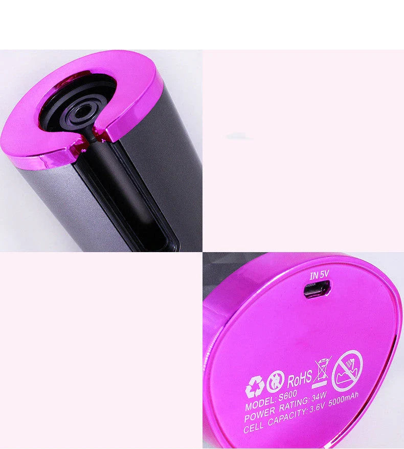 Cordless automatic hair curler with ceramic barrel, multi-directional curl capabilities, and rechargeable battery for salon-quality curls anytime, anywhere.