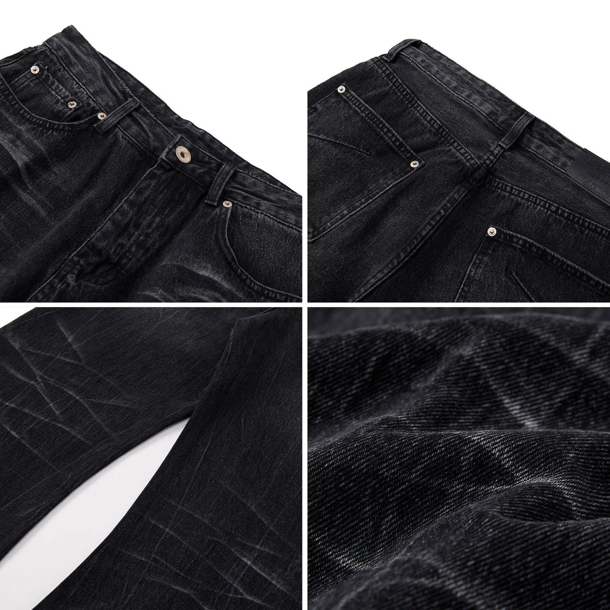 Men's black straight-leg jeans featuring a distinctive lightning crack washed pattern on the denim.
