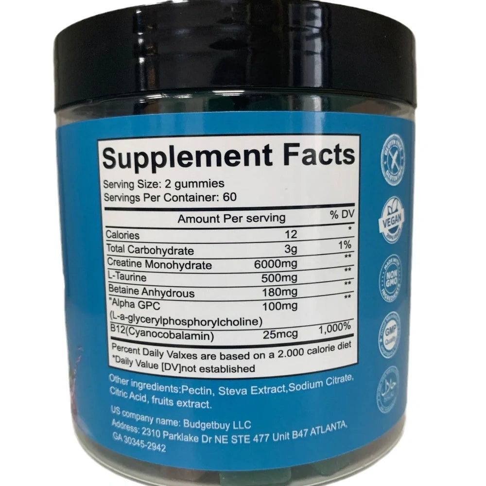 Bottle containing 120 raspberry-flavoured creatine monohydrate gummy tablets for muscle support supplementation