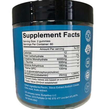 Bottle containing 120 raspberry-flavoured creatine monohydrate gummy tablets for muscle support supplementation