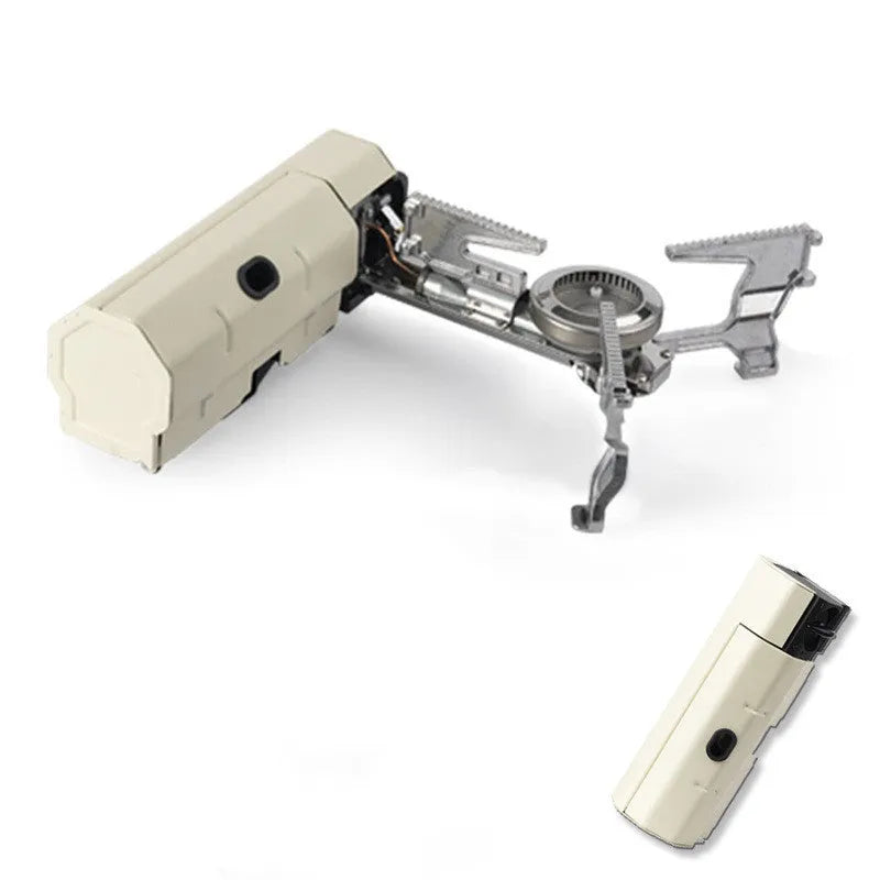Green folding camping gas stove with serrated pot bracket, showing 25cm size next to butane canister
