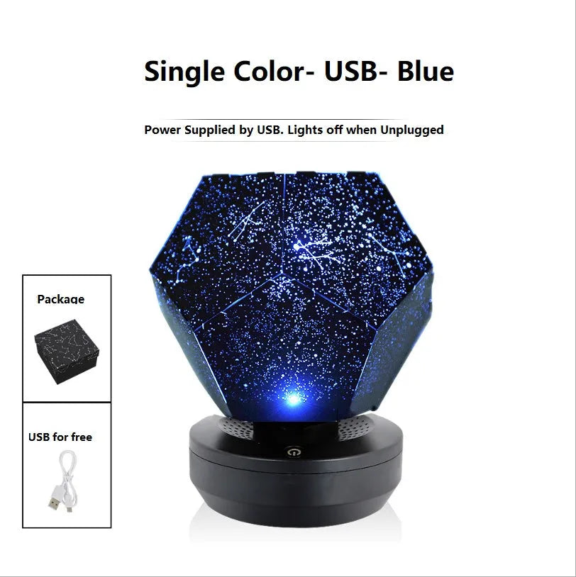 Plastic starry sky projection night light showing constellations on a bedroom ceiling, with remote control.