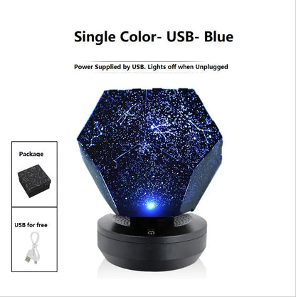 Plastic starry sky projection night light showing constellations on a bedroom ceiling, with remote control.
