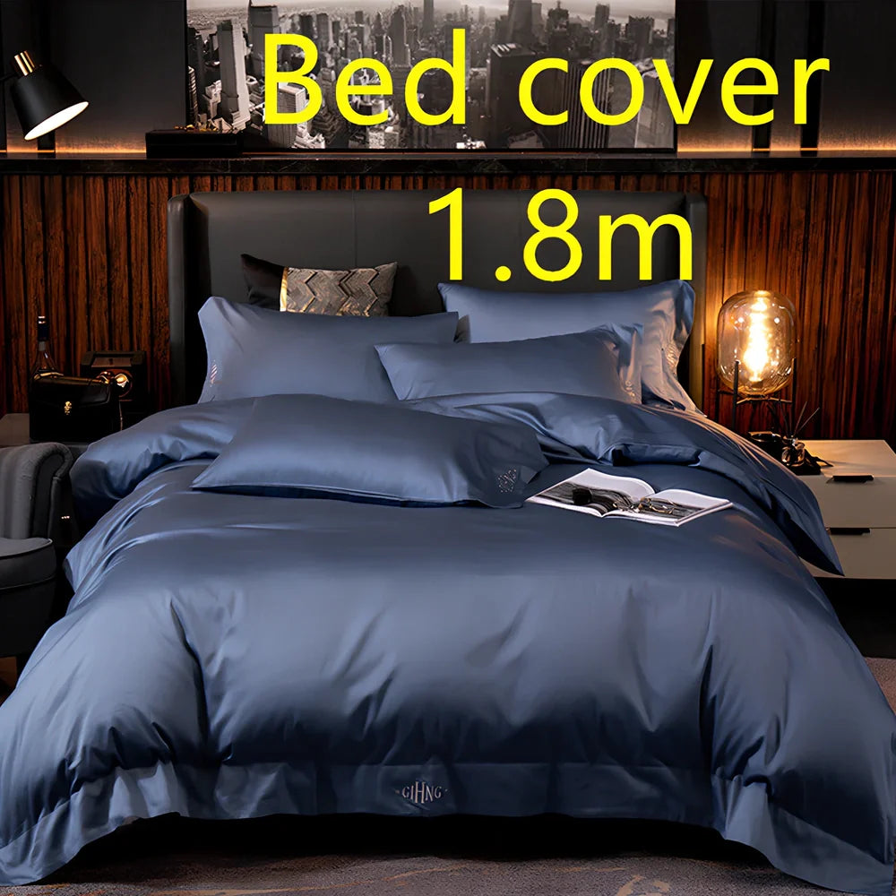 Four-piece cotton bedding set with satin weave fabric showing quilting detail and colour options