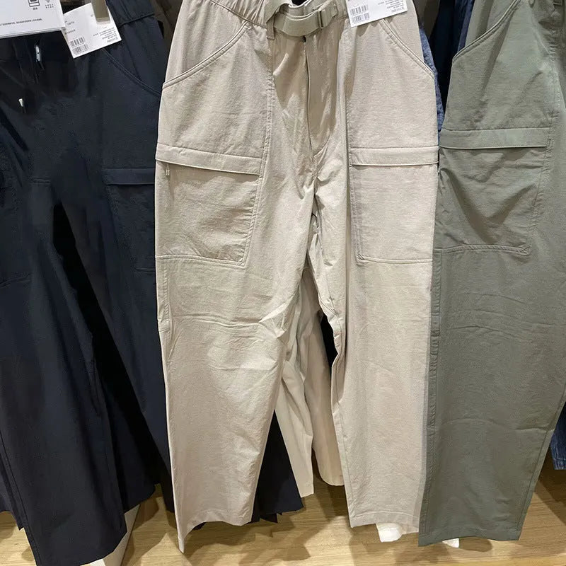 Men's straight leg work trousers in bamboo fibre fabric with micro elasticity stretch available in black, olive, and beige colours.