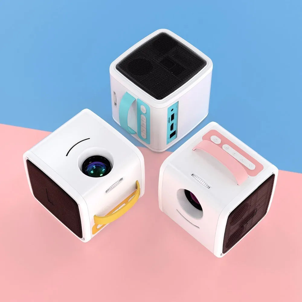 Mini home theatre projector showing size and distance parameters: 20-70 inch image, 1-3 metre throw.