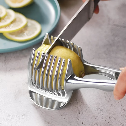 Silver plastic foldable lemon slicer kitchen gadget on a white background.