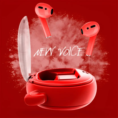Macaron Red true wireless Bluetooth 5.0 headset with in-ear design showing battery display