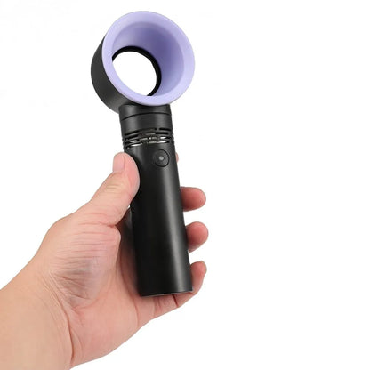 Portable bladeless fan with USB cable and base, showing compact design and bladeless airflow