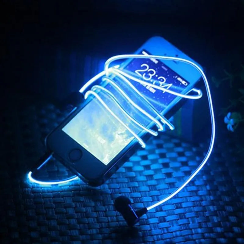 Magic Light LED Earphones in blue, green, or pink with aluminium alloy shells and EL light lines syncing to music rhythm.