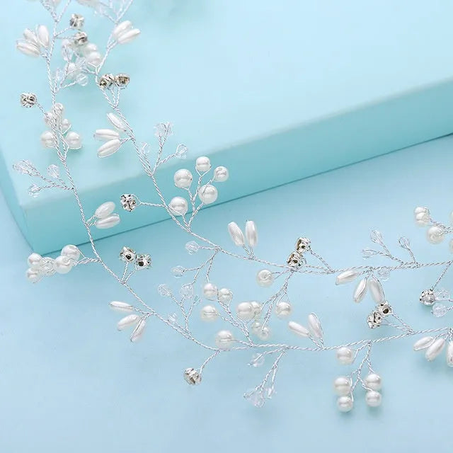 Wedding hair band with crystal pearls, 100cm length, in silver, gold, or rose gold finish