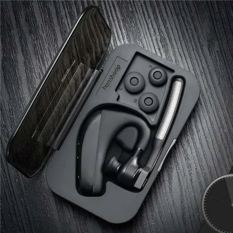 Black true wireless Bluetooth earbuds with charging case shown on a dark background.