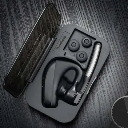 Black true wireless Bluetooth earbuds with charging case shown on a dark background.