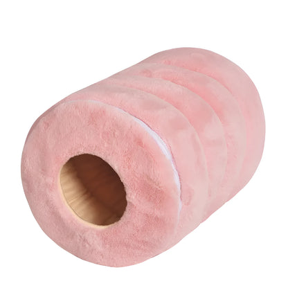 Camel-coloured cloth pet nest with soft rabbit fur lining, measuring 50x33 cm.