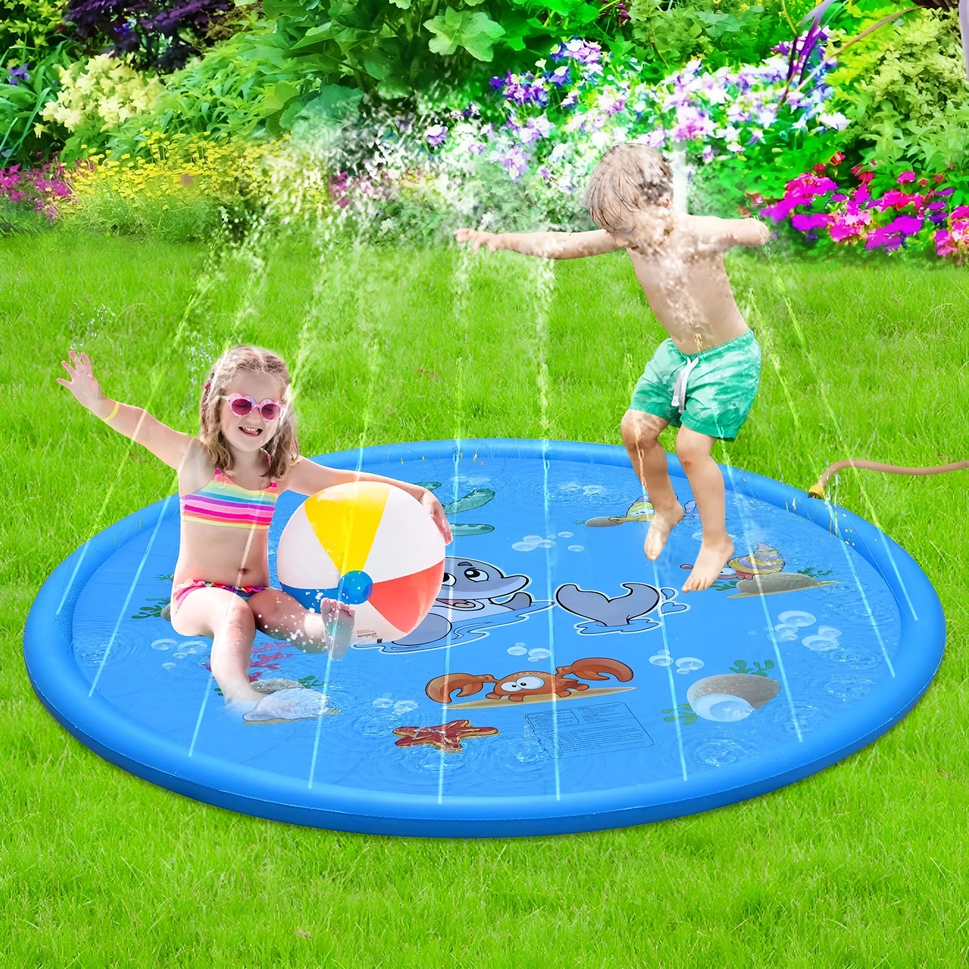 Blue PVC children's water spray play mat with marine animal prints measuring 100cm by 170cm