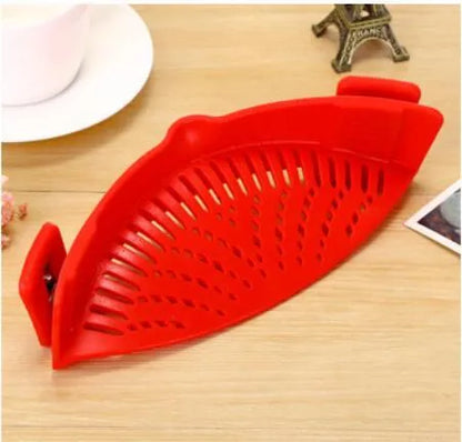 Silicone clip-on pot strainer in multiple colours for draining liquids, with buckle design and uniform hollow pattern