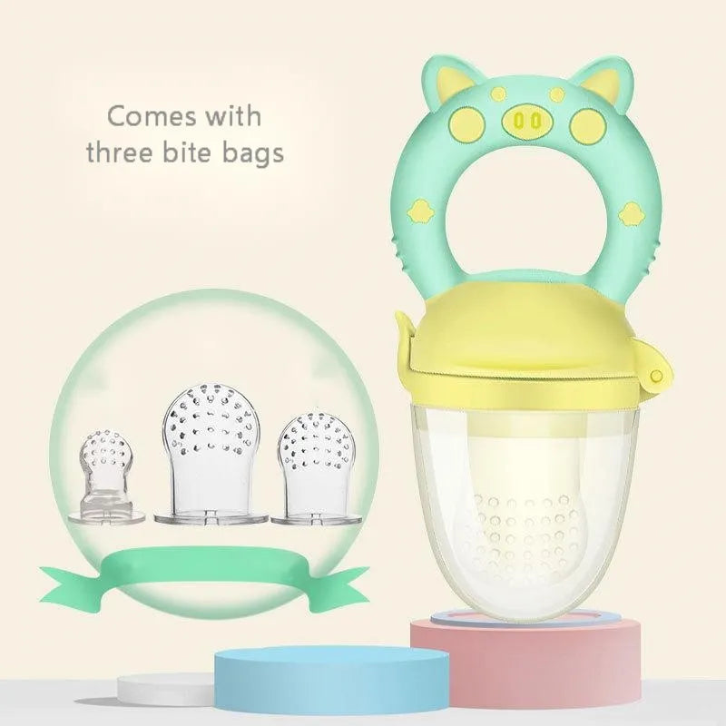 Silicone baby teether chew toy in blue, green, or pink for infant gum relief