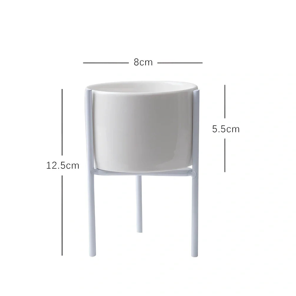 Black iron frame with white ceramic succulent flowerpot in 12.5cm and 16.5cm diameter sizes