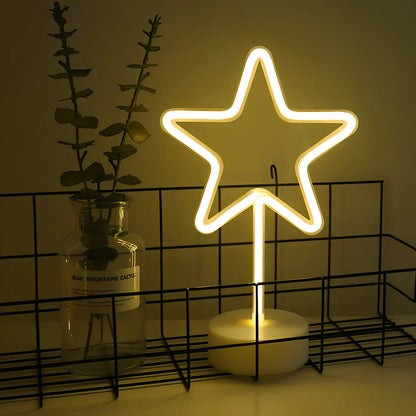 Neon LED wall light with round base showing 2000 lumen brightness and USB battery control option