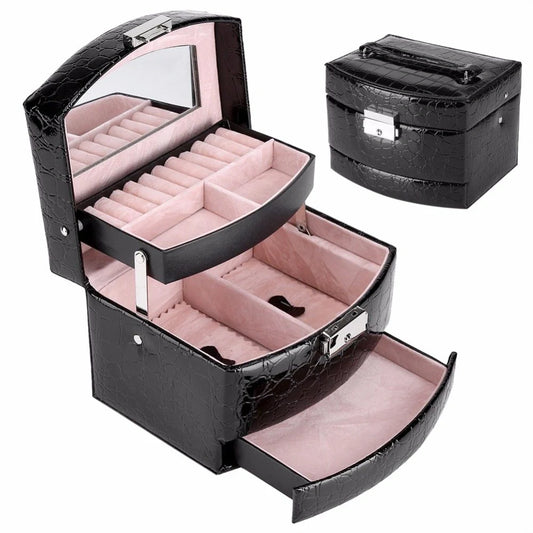 3-layer leather jewellery and makeup storage box with mirror, available in five colours
