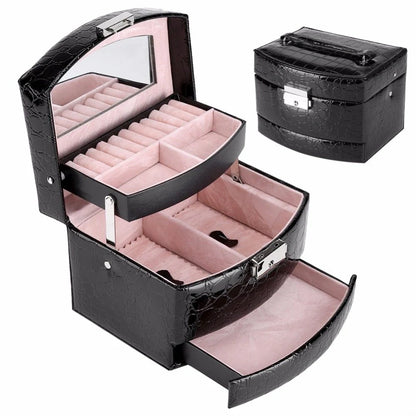 3-layer leather jewellery and makeup storage box with mirror, available in five colours