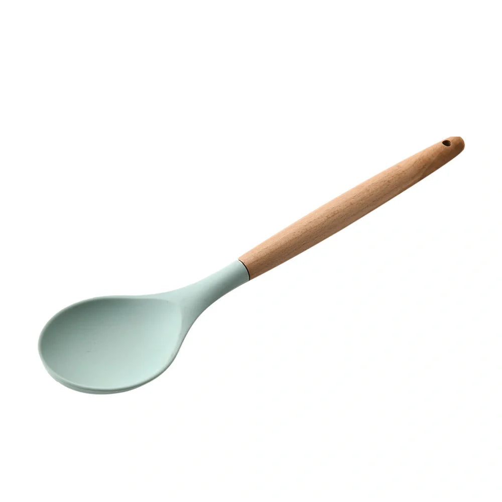 Premium silicone kitchenware set with wooden handle, ideal for cooking and baking