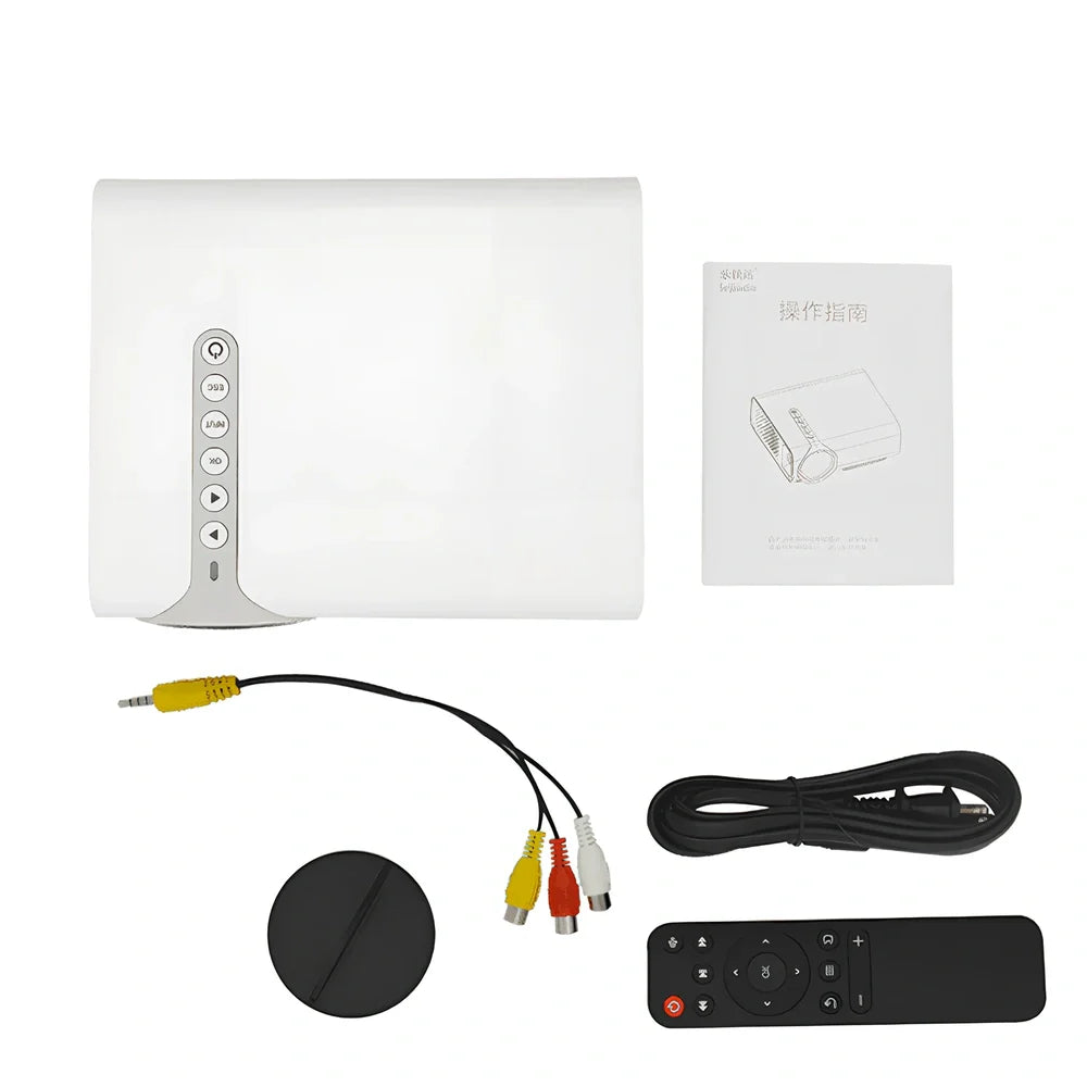 White portable home projector with remote control displaying 1024*600 resolution image
