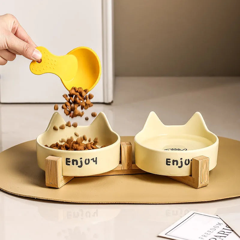 Porcelain cat bowl with cat ear design in 2-in-1 configuration for food and water