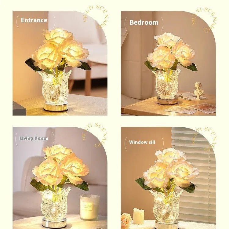 Modern crystal flowers design rechargeable touch dimming table lamp on a wooden surface.