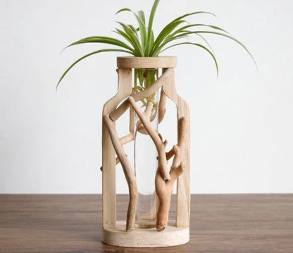 Handcrafted wooden vase with glass container for hydroponic floral displays and home decor