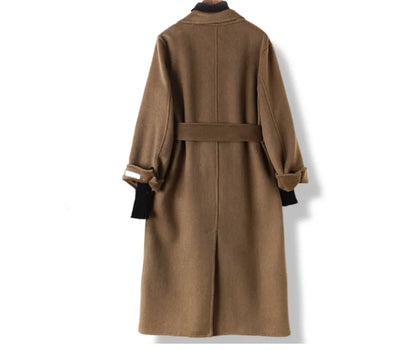Long grey wool coat with suit collar shown in black and caramel colours on a male model