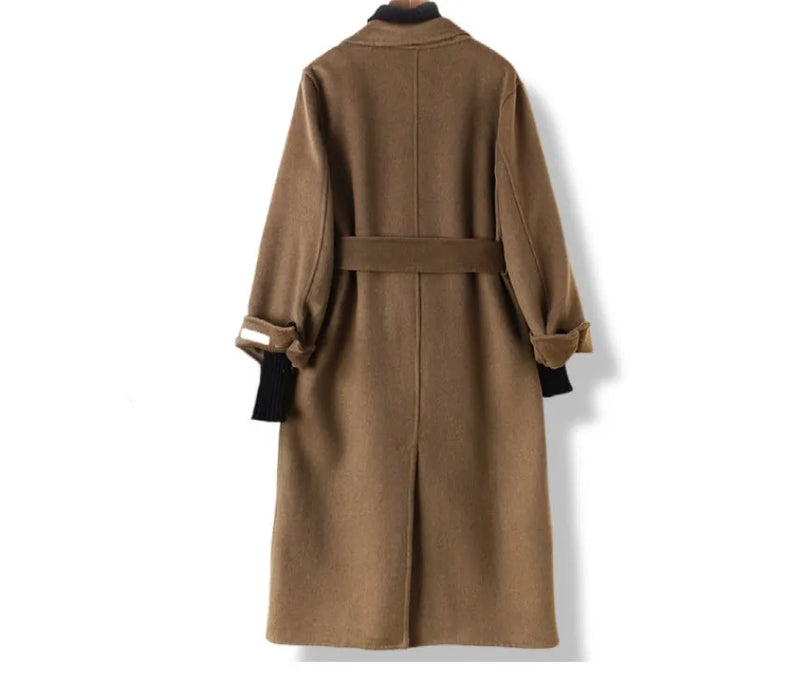 Long suit collar wool coat for men, crafted from wool fabric for autumn and winter wear, available in black and caramel colours with Asian sizing in S and M dimensions for tailored outerwear layering