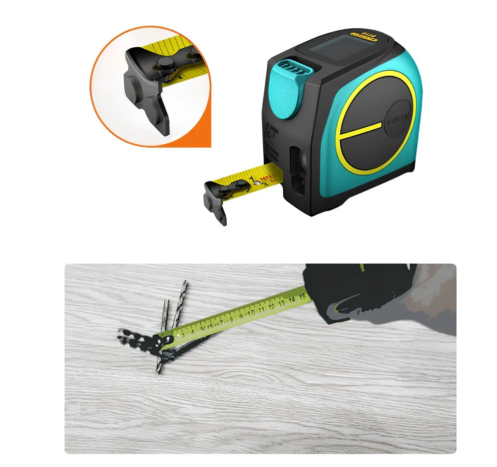 2-in-1 laser and tape measure tool with magnetic hook showing extended blade and laser measurement display