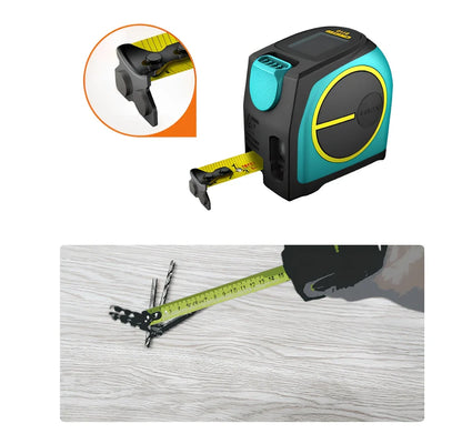 2-in-1 laser and tape measure tool with magnetic hook showing extended blade and laser measurement display