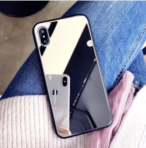 Black mirror phone case for iPhone with built-in self-timer mirror, made from TPU and PC materials