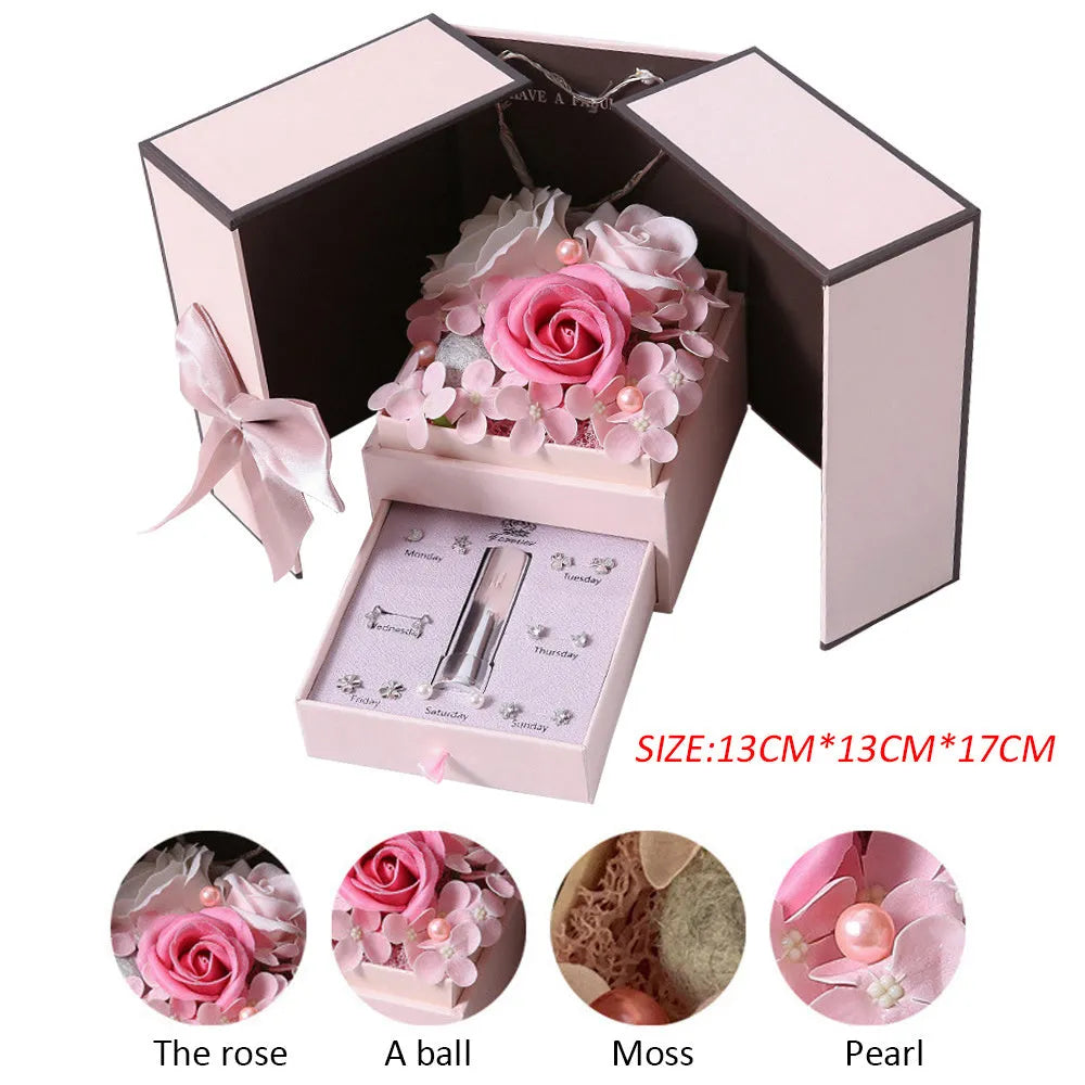 Handmade pink rose soap flower decorative lamp inside a gift box