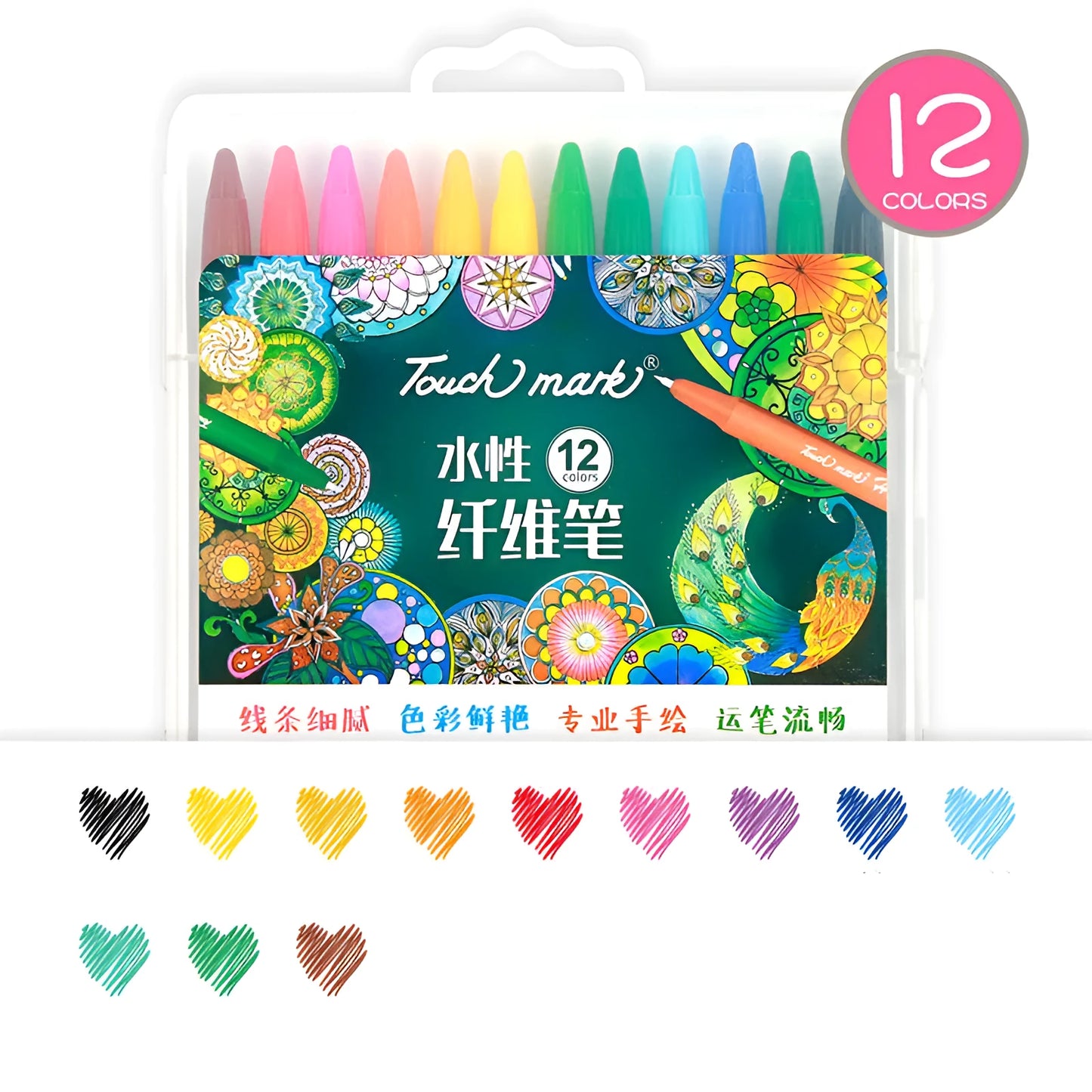 Touch Mark water-based fibre pen set with quick-dry ink in PVC barrel, shown in a selection of colour set options.