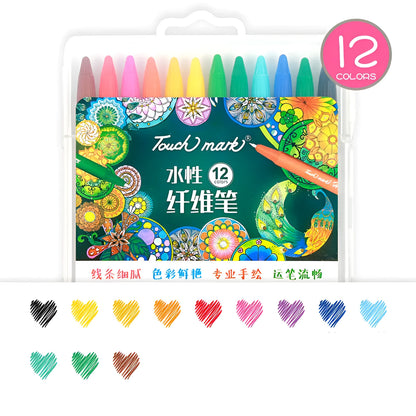 Touch Mark water-based fibre pen set with quick-dry ink in PVC barrel, shown in a selection of colour set options.