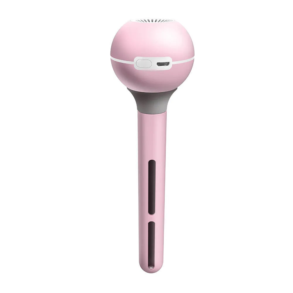 Pink and white columnar magic wand ultrasonic humidifier with USB cable and mechanical knob.