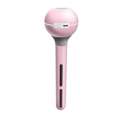 Pink and white columnar magic wand ultrasonic humidifier with USB cable and mechanical knob.
