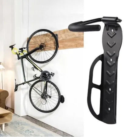 Black stainless steel wall mount bike rack with sponge-covered hook, 260x130x70mm, 30 kg capacity