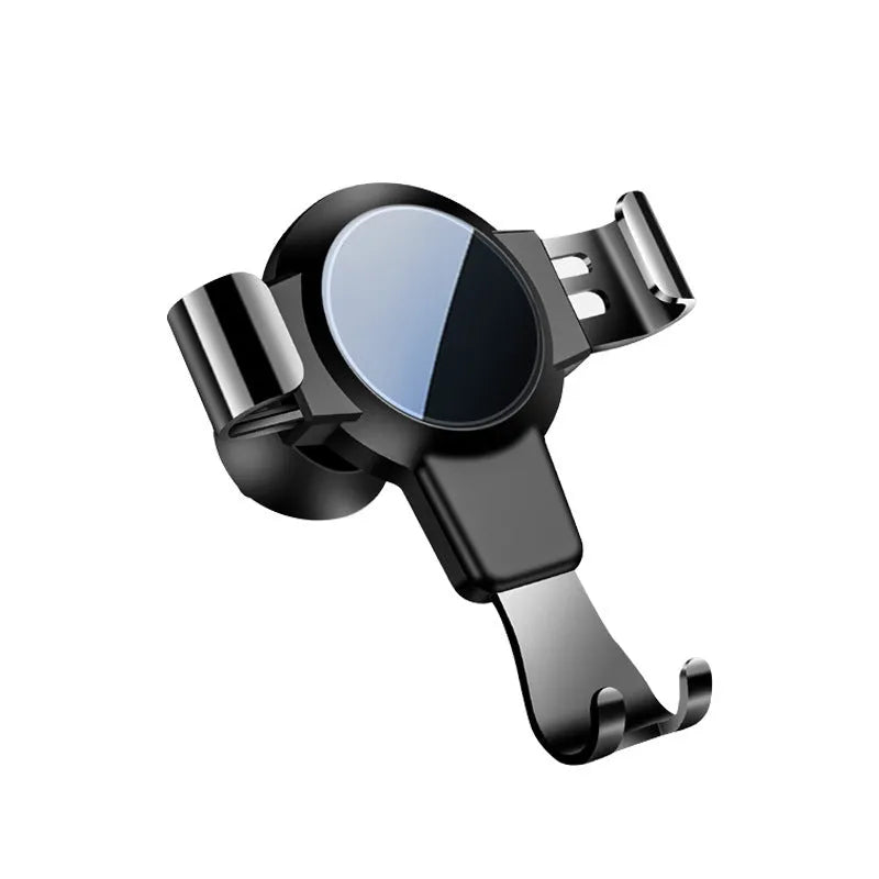 Black S4 gravity mirror car phone holder clipped onto a car air vent, holding a smartphone.