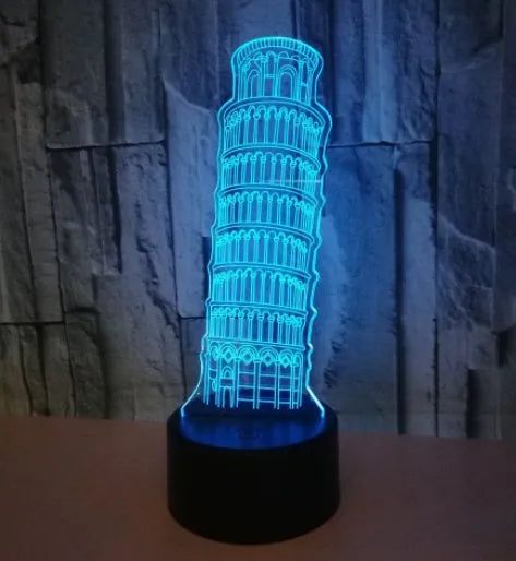 3D Leaning Tower of Pisa acrylic night light with multi-colour LEDs on a black square base