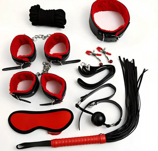 Red 8-piece plush bondage set including padded handcuffs, shackles, collar, 5m rope, and leather whip weighing 465g